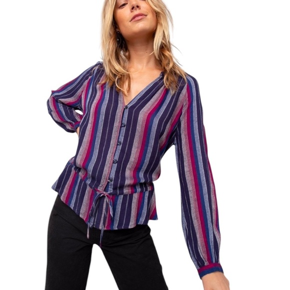 RAILS Drawstring Peplum Marti Shirt in Salvador Stripe Linen Blend Size S - Picture 4 of 12